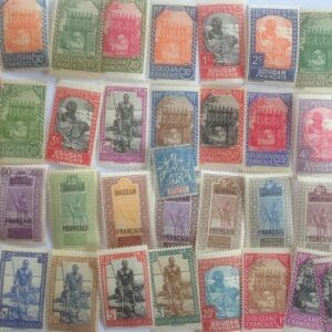 Colorful vintage postage stamp collection spread