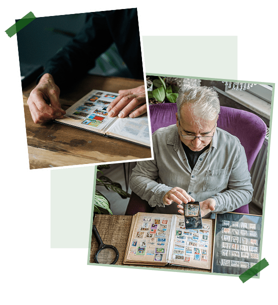 Man examining stamps in a photo album.