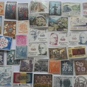 Collection of vintage Andorra postage stamps.