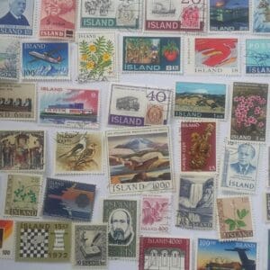 Collection of various Icelandic postage stamps.