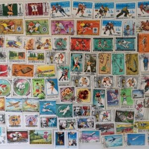 Colorful vintage postage stamp collage