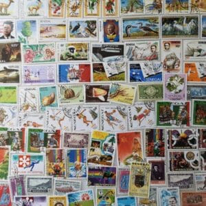 Colorful vintage international postage stamp collage