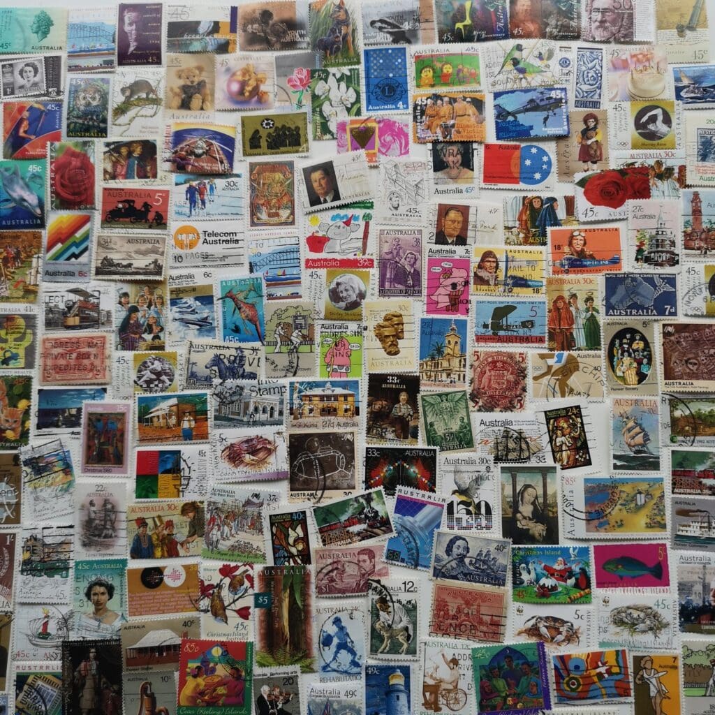Collection of colorful international postage stamps.