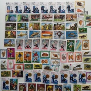 Collection of colorful global postage stamps.