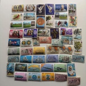 Collection of colorful Bermuda postage stamps.