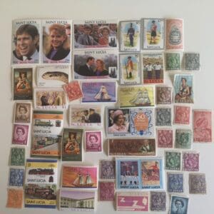 Collection of colorful Saint Lucia postage stamps.