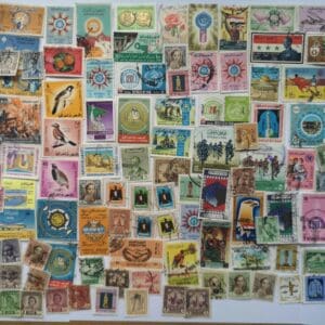 Colorful vintage postage stamp collage