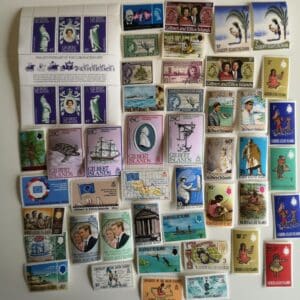 Collection of colorful Gilbert Islands stamps.