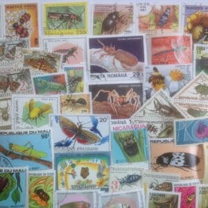 Insect-themed postage stamps from various countries.