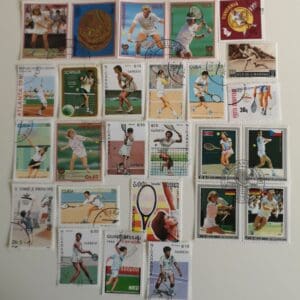 Collection of vintage tennis-themed postage stamps.