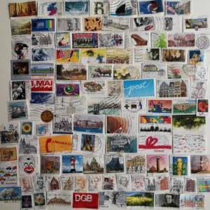 Collage of international used postage stamps