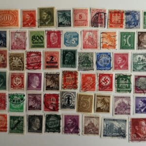 Assorted colorful vintage European postage stamps