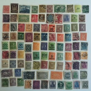 Colorful vintage postage stamps arranged in grid