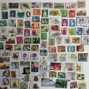 Assorted colorful postage stamps collection.