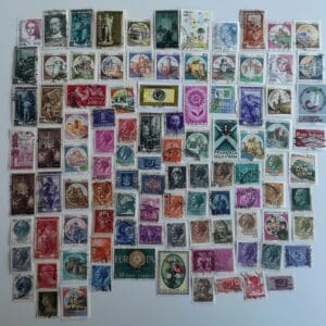 Array of colorful vintage postage stamps