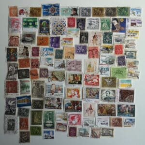 Vintage postage stamp collection arranged in grid