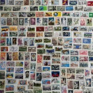 Colorful vintage postage stamp collage