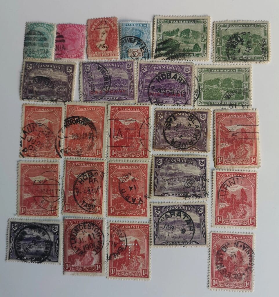 Collection of vintage Tasmanian postage stamps.