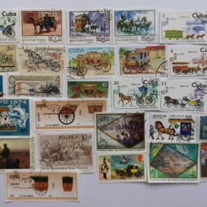 Collection of vintage postage stamps with illustrations.