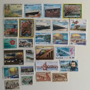 Collection of international postage stamps, various designs.