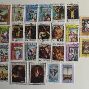 Collection of colorful Easter-themed postage stamps.