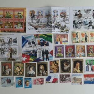 Collection of vintage and historical postage stamps.