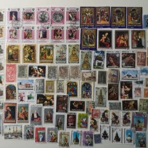 Religious-themed postage stamp collage