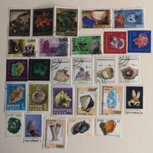 Vintage international mineral-themed postage stamps