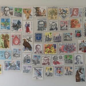 Collection of colorful Slovakian postage stamps.