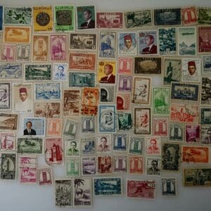 Collage of colorful vintage postage stamps