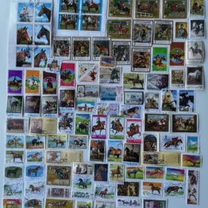 Collection of various horse-themed postage stamps.