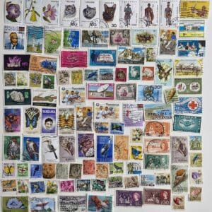 Colorful vintage postage stamp collage