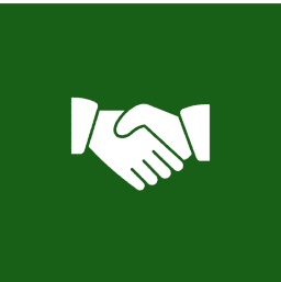 Handshake icon on green background.