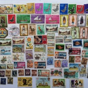 Assortment of colorful vintage postage stamps