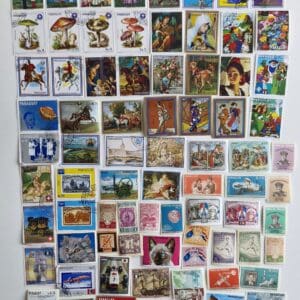 Grid of colorful vintage postage stamps